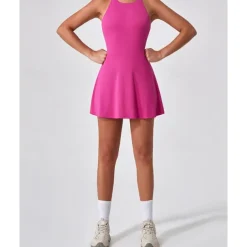 US Open Women's Solid Colored Tennis Dress with Built in Shorts and Bra Sports Dress Sleeveless Ruched Breathable Tennis Pickleball Round Dress Black Dark Navy Brown Tennis Clothing