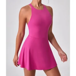 US Open Women's Solid Colored Tennis Dress with Built in Shorts and Bra Sports Dress Sleeveless Ruched Breathable Tennis Pickleball Round Dress Black Dark Navy Brown Tennis Clothing