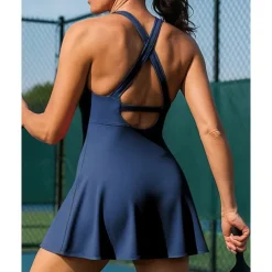 US Open Women's Solid Colored Tennis Dress with Built in Shorts and Bra Sports Dress Sleeveless Ruched Breathable Tennis Pickleball Round Dress Black Dark Navy Brown Tennis Clothing