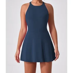 US Open Women's Solid Colored Tennis Dress with Built in Shorts and Bra Sports Dress Sleeveless Ruched Breathable Tennis Pickleball Round Dress Black Dark Navy Brown Tennis Clothing