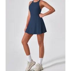 US Open Women's Solid Colored Tennis Dress with Built in Shorts and Bra Sports Dress Sleeveless Ruched Breathable Tennis Pickleball Round Dress Black Dark Navy Brown Tennis Clothing