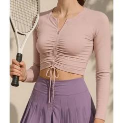 US Open Women's Solid Colored Tennis Top Long Sleeve Drawstring Zipper Breathable Tennis Pickleball Yoga Round Neck Top Black White Pink Tennis Clothing