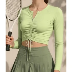 US Open Women's Solid Colored Tennis Top Long Sleeve Drawstring Zipper Breathable Tennis Pickleball Yoga Round Neck Top Black White Pink Tennis Clothing