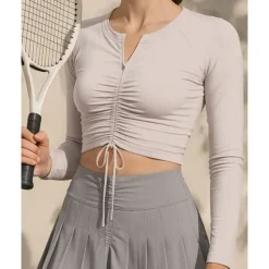 US Open Women's Solid Colored Tennis Top Long Sleeve Drawstring Zipper Breathable Tennis Pickleball Yoga Round Neck Top Black White Pink Tennis Clothing