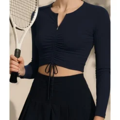 US Open Women's Solid Colored Tennis Top Long Sleeve Drawstring Zipper Breathable Tennis Pickleball Yoga Round Neck Top Black White Pink Tennis Clothing