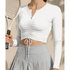 US Open Women's Solid Colored Tennis Top Long Sleeve Drawstring Zipper Breathable Tennis Pickleball Yoga Round Neck Top Black White Pink Tennis Clothing