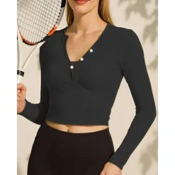 US Open Women's Solid Colored Tennis Top Long Sleeve Buttons Breathable Tennis Pickleball Running V Neck Top Black White Blue Spandex Tennis Clothing