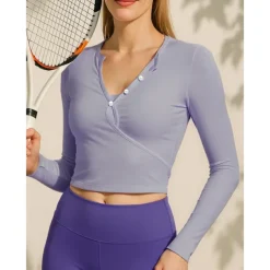 US Open Women's Solid Colored Tennis Top Long Sleeve Buttons Breathable Tennis Pickleball Running V Neck Top Black White Blue Spandex Tennis Clothing
