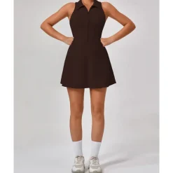 US Open Women's Solid Colored Tennis Dress with Shorts Sports Dress Sleeveless Zipper Pocket Tennis Golf Pickleball Shirt Collar Dress Black White Pink Tennis Clothing