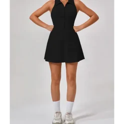 US Open Women's Solid Colored Tennis Dress with Shorts Sports Dress Sleeveless Zipper Pocket Tennis Golf Pickleball Shirt Collar Dress Black White Pink Tennis Clothing
