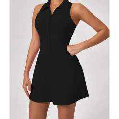 US Open Women's Solid Colored Tennis Dress with Shorts Sports Dress Sleeveless Zipper Pocket Tennis Golf Pickleball Shirt Collar Dress Black White Pink Tennis Clothing