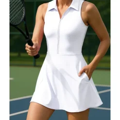 US Open Women's Solid Colored Tennis Dress with Shorts Sports Dress Sleeveless Zipper Pocket Tennis Golf Pickleball Shirt Collar Dress Black White Pink Tennis Clothing