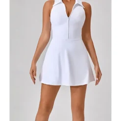 US Open Women's Solid Colored Tennis Dress with Shorts Sports Dress Sleeveless Zipper Pocket Tennis Golf Pickleball Shirt Collar Dress Black White Pink Tennis Clothing