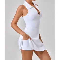 US Open Women's Solid Colored Tennis Dress with Shorts Sports Dress Sleeveless Zipper Pocket Tennis Golf Pickleball Shirt Collar Dress Black White Pink Tennis Clothing