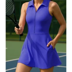 US Open Women's Solid Colored Tennis Dress with Shorts Sports Dress Sleeveless Zipper Pocket Tennis Golf Pickleball Shirt Collar Dress Black White Pink Tennis Clothing