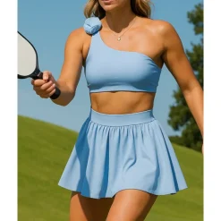 US Open Women's Solid Colored Sports Set Tennis Set Tennis Skirts with Shorts Tennis Top Ruched Wide Waistband Moisture Wicking Breathable Tennis Pickleball Running Slash Neck Black White Blue Tennis
