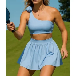 US Open Women's Solid Colored Sports Set Tennis Set Tennis Skirts with Shorts Tennis Top Ruched Wide Waistband Moisture Wicking Breathable Tennis Pickleball Running Slash Neck Black White Blue Tennis