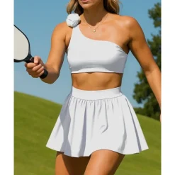 US Open Women's Solid Colored Sports Set Tennis Set Tennis Skirts with Shorts Tennis Top Ruched Wide Waistband Moisture Wicking Breathable Tennis Pickleball Running Slash Neck Black White Blue Tennis