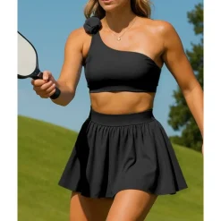 US Open Women's Solid Colored Sports Set Tennis Set Tennis Skirts with Shorts Tennis Top Ruched Wide Waistband Moisture Wicking Breathable Tennis Pickleball Running Slash Neck Black White Blue Tennis