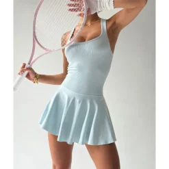 US Open Women's Solid Colored Tennis Dress with Built in Shorts and Bra Sports Dress Sleeveless Pleated Breathable Tennis Golf Pickleball Square Neck Dress Racerback Light Blue Tennis Clothing