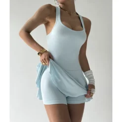 US Open Women's Solid Colored Tennis Dress with Built in Shorts and Bra Sports Dress Sleeveless Pleated Breathable Tennis Golf Pickleball Square Neck Dress Racerback Light Blue Tennis Clothing