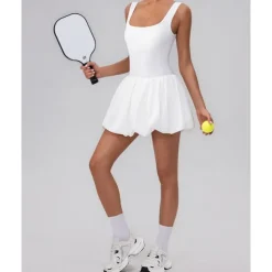 US Open Women's Solid Colored Tennis Dress with Built in Shorts and Bra Sports Dress Sleeveless Pleated Tennis Golf Pickleball U Neck Dress Black White Yellow Spandex Tennis Clothing