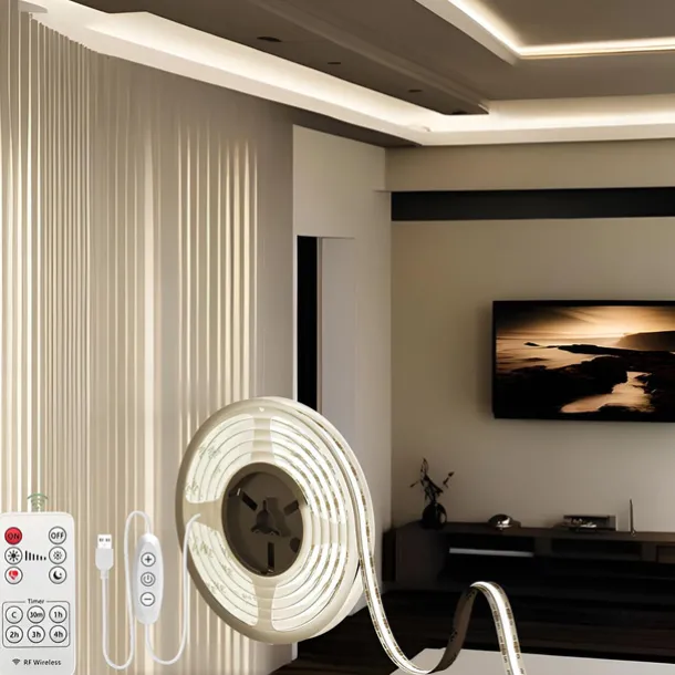 USB COB LED Strip Lights, Dimmable 1-3m TV Backlight 300 LEDs/m, CRI85 with RF Remote Control, Flexible Tape Light for DIY Bedroom, Kitchen, Under Cabinet Lighting