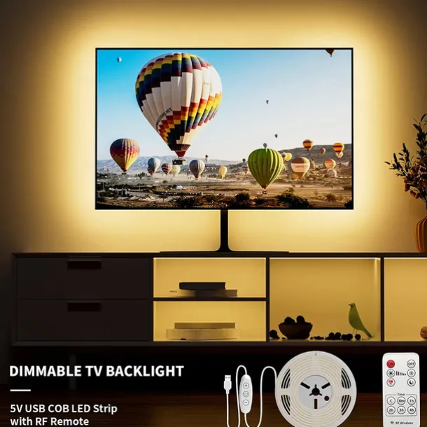 USB COB LED Strip Lights, Dimmable 1-3m TV Backlight 300 LEDs/m, CRI85 with RF Remote Control, Flexible Tape Light for DIY Bedroom, Kitchen, Under Cabinet Lighting