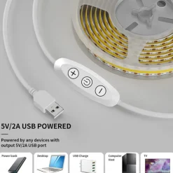 USB COB LED Strip Lights, Dimmable 1-3m TV Backlight 300 LEDs/m, CRI85 with RF Remote Control, Flexible Tape Light for DIY Bedroom, Kitchen, Under Cabinet Lighting