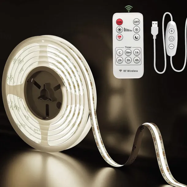 USB COB LED Strip Lights, Dimmable 1-3m TV Backlight 300 LEDs/m, CRI85 with RF Remote Control, Flexible Tape Light for DIY Bedroom, Kitchen, Under Cabinet Lighting