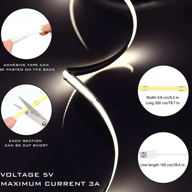 USB COB LED Strip Lights, Dimmable 1-3m TV Backlight 300 LEDs/m, CRI85 with RF Remote Control, Flexible Tape Light for DIY Bedroom, Kitchen, Under Cabinet Lighting