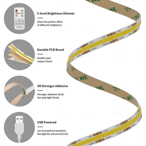 USB COB LED Strip Lights, Dimmable 1-3m TV Backlight 300 LEDs/m, CRI85 with RF Remote Control, Flexible Tape Light for DIY Bedroom, Kitchen, Under Cabinet Lighting