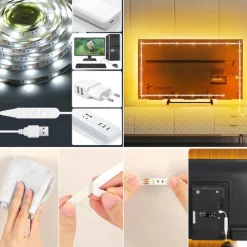 USB LED Strip Light 3 Colors for TV 1-5M USB 5V Flexible Light Strip with Self-adhesive Dimmable Dual Color LED light Strip 2800K-6500K Warm White to Daylight Suitable for Stairs Wardrobes Kitchens Mirrors