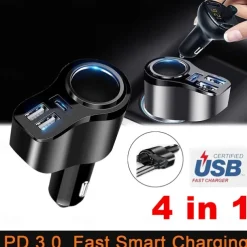 Usb Splitter For Car, 4 In 1 USB C Car Charger, 36W Multi USB Cigarette Lighter Adapter Socket Splitter With 3 USB Ports,12V/24V Dual USB Type C PD Fast Car Charger Adapter