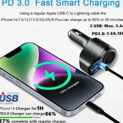 Usb Splitter For Car, 4 In 1 USB C Car Charger, 36W Multi USB Cigarette Lighter Adapter Socket Splitter With 3 USB Ports,12V/24V Dual USB Type C PD Fast Car Charger Adapter
