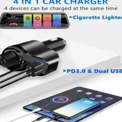 Usb Splitter For Car, 4 In 1 USB C Car Charger, 36W Multi USB Cigarette Lighter Adapter Socket Splitter With 3 USB Ports,12V/24V Dual USB Type C PD Fast Car Charger Adapter