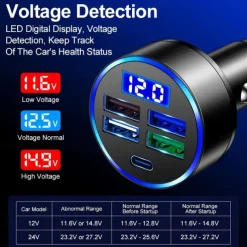 4USB With Type-c Car LED Digital Display Car Charger Volt Meter Car Battery Monitor With LED Voltage & Amps Display