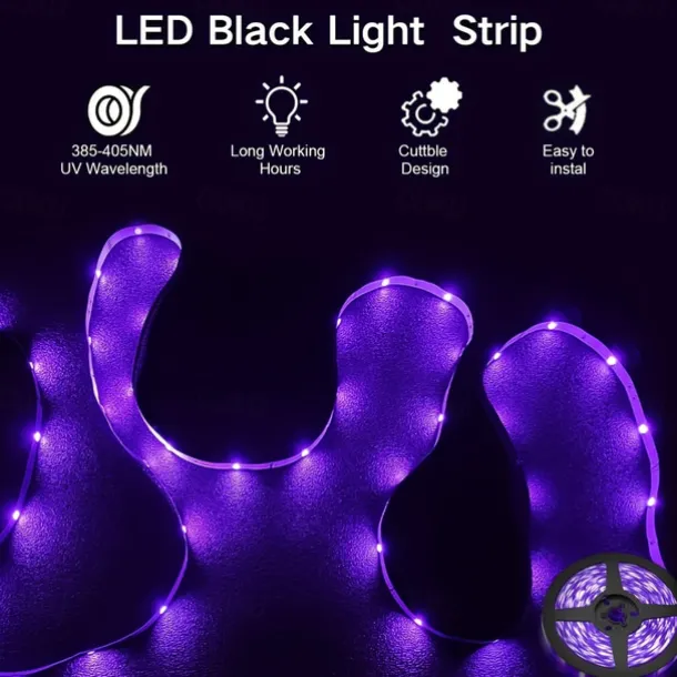 UV Black Light LED Strip Lights 16.4FT 5M Flexible 395-405nm 2835SMD 8mm Flexible DC12V for Indoor Dance Party Stage Lighting Body Paint