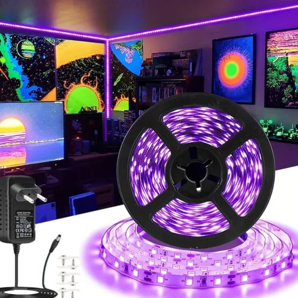 UV Black Light LED Strip Lights 16.4FT 5M Flexible 395-405nm 2835SMD 8mm Flexible DC12V for Indoor Dance Party Stage Lighting Body Paint