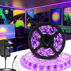 UV Black Light LED Strip Lights 16.4FT 5M Flexible 395-405nm 2835SMD 8mm Flexible DC12V for Indoor Dance Party Stage Lighting Body Paint