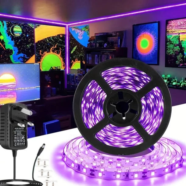 UV Black Light LED Strip Lights 16.4FT 5M Flexible 395-405nm 2835SMD 8mm Flexible DC12V for Indoor Dance Party Stage Lighting Body Paint