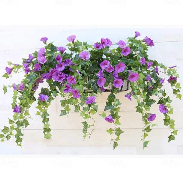 UV Simulation Artificial Morning Glory,Simulation Artificial Flower Bouquet - Fade Resistant Outdoor Flowers,Fake Petunias,Realistic Hanging Plants Flowers Vines Garden Yard Decoration