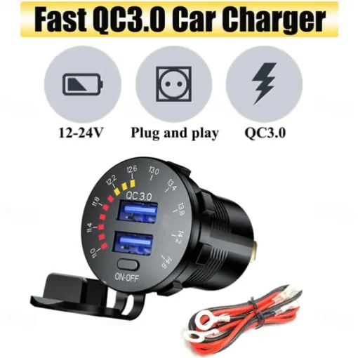 12-24V Dual USB Car Charger Socket Port With Colourful Digital Voltmeter QC 3.0 Fast Charging Bus Trailer Boats