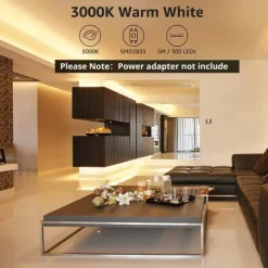 12V LED Light Strip 16.6 ft (5M) SMD 2835, DC 5.5 x 2.1mm Connector, Tape Light for Home, Kitchen, Party, Christmas (Power Adapter Not Included)