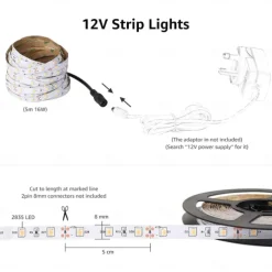 12V LED Light Strip 16.6 ft (5M) SMD 2835, DC 5.5 x 2.1mm Connector, Tape Light for Home, Kitchen, Party, Christmas (Power Adapter Not Included)