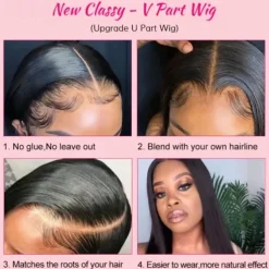 V Part Wigs Straight Brazilian Virgin Human Hair Wigs for Black Women Upgrade U Part Wigs Full Head Clip In Half Wig V Shape Wigs No Leave Out Lace Front Wigs 180% Density Natural Color