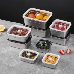 Vacuum Food Container Food-Grade SUS304 Sealed Food Storage Box Bento Lunch Box for Fruits, Refrigerator Safe, Airtight Meal Container (Square)