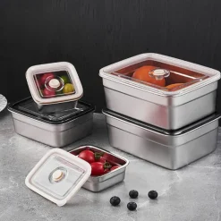 Vacuum Food Container Food-Grade SUS304 Sealed Food Storage Box Bento Lunch Box for Fruits, Refrigerator Safe, Airtight Meal Container (Rectangle)