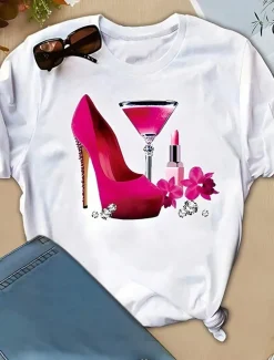 Valentine Women's Funny T Shirt Casual Wine Glass Regular Tops Short Sleeve Round Neck Print Regular Fit Daily White Summer