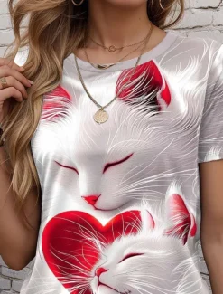 Valentine Women's Heart T Shirt Cute Regular Tops Short Sleeve Round Neck Print Regular Fit Daily Red Summer